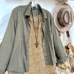 THEORY linen blend boho olive colour shirt/spring-summer cover up w Safari vibe